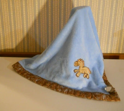 Trend Lab blue fleece baby blanket PONY  applique brown paisley trim Nice - Image 1 of 3