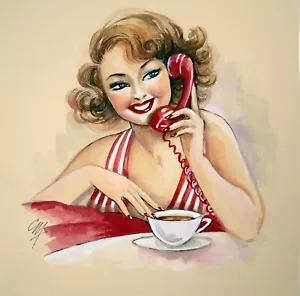Illustrazione Celia Margaret Ingram. Gouache, fashion design. Donna anni '60 al telefono - Foto 1 di 4