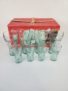 Coca Cola 8 pc Family Set 4-22 oz 4-6 oz Style Bell Shape Green Indiana Glass - Picture 1 of 14