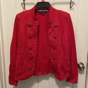 TOMMY HILFIGER MILITARY STYLE JACKET Red Open Front Sz M Brass Colored Buttons - Picture 1 of 11