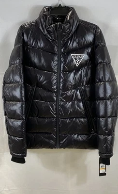 Casaco acolchoado Guess masculino preto brilhante com capuz tamanho P novo com etiquetas - Imagem 1 de 4