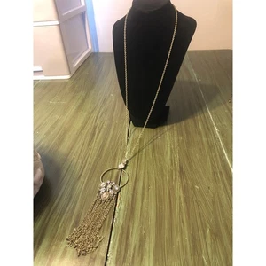 Vintage Long Gold Tone Boho Glam Circle Stone Pendant with Gold Tassel - Picture 1 of 4
