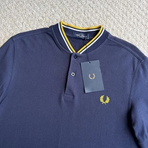 Fred Perry Grandad Collar Polo Shirt Navy Blue Yellow Mens Size Medium BNWT - Picture 1 of 16