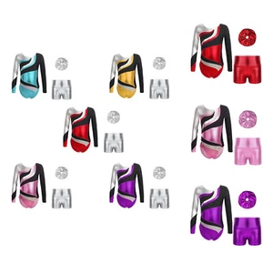 Kids Girls Outfit Metallic Set Rhinestones Dancewear Bodysuit Round Neckline - Picture 1 of 53
