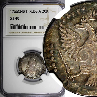 Russia Catherine II Silver 1766 SPB 20 Kopeks NGC XF40 1st Year Type C# 63a.2(3) - Image 1 of 4