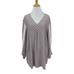 J Jill Blouse Womens XL Extra Large White Red Ikat Long Sleeve V Neck Pullover - Picture 1 of 13
