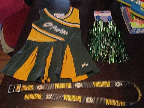 Green Bay Packers GIRLS CHEERLEADER DRESS SZ.,4T,38''LONG BELT & 2-TEAM POM-POMS Cover