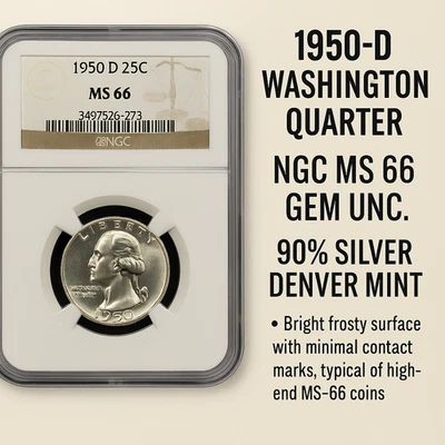 1950‑D Washington Quarter – NGC MS‑66 Gem Unc. 90% Silver Denver Mint - Image 1 of 3