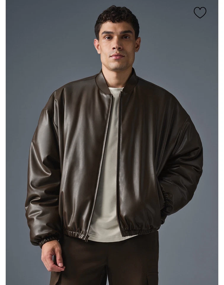 Jaqueta espresso masculina de couro sintético ALO zíper completo tamanho médio (varejo $298) nova com etiquetas - Imagem 1 de 4