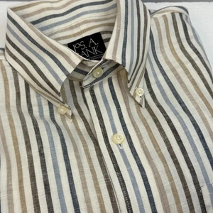 JOS A BANK Men L Travelers Collection 100% Linen Oxford Striped Academic Preppy - Picture 1 of 6