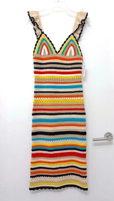 NUEVO CON ETIQUETAS Alice + Olivia Colorido Arco Iris Rayas Tejido Suéter Midi Vestido Volantes XS Foto 1 de 4