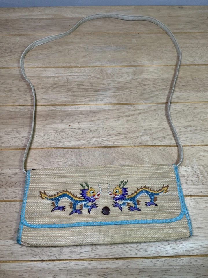 Embroidered Chinese Dragons Motif Straw Shoulder / Clutch Bag Floral Lined 26 cm - Image 1 of 4