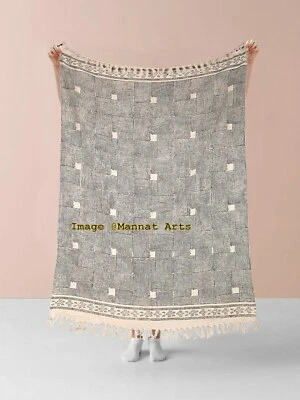 100% Cotton Natural Fringed Throw Bohemian Bedspread Handmade Sofa Blankets  - Image 1 of 4