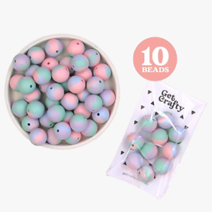 10 Tie Dye Purple & Green Round Silicone Beads 15mm - Safe For Toddlers!