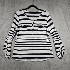 St. John's Bay Navy White Striped Henley Top Button Pockets Tab Long Slvs Sz XL - Picture 1 of 14