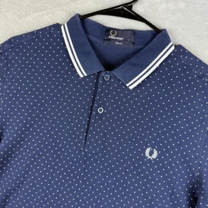 Fred Perry Polo Mens Large Shirt Polka Dots Navy Blue Pique Knit Slim Fit - Picture 1 of 10