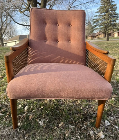 Mid-Century Modern Teak Cane-Sided Arm Chair | Original Mauve Fabric |  Amazing Cover