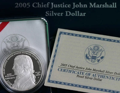 2005 PROOF Chief Justice John Marshall 90% Silver Dollar US Coin with Box + COA - Image 1 of 3