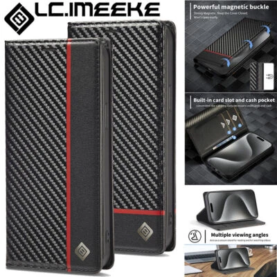 Carbon Fibre Leather Wallet Case For iPhone 17/16/15/14/13/Pro M Samsung S24/25 - Image 1 of 4