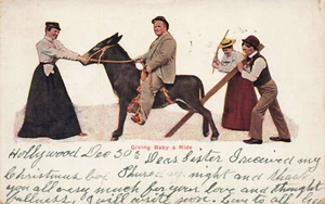 Postcard Giving Baby A Ride  Donkey Men Women Humor UDB 1905 - Picture 1 of 2
