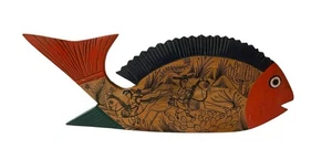 Vintage Hand-painted Mexican Folk Art Wooden Fish 19” Length Horse Riders - Picture 1 of 9