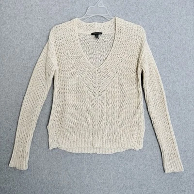 Suéter Eileen Fisher XXS Crema Algodón Orgánico Lino Tejido Abierto Cuello en V Costero Foto 1 de 4