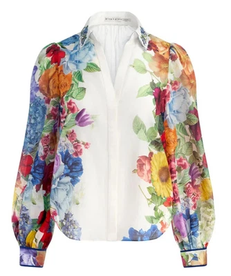 395 Nueva Blusa Top Alice + Olivia Roanne Colocada Floral Seda Algodón Abotonada--XS Foto 1 de 4