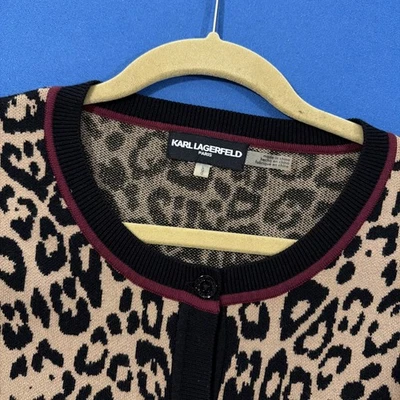 Karl Lagerfeld Paris Cardigan Sweater Women’s L Tall Brown Leopard Cotton Modal - Image 1 of 4