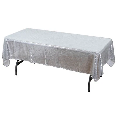 Silver 60" x 102" Sequin Rectangular Tablecloth - Image 1 of 4