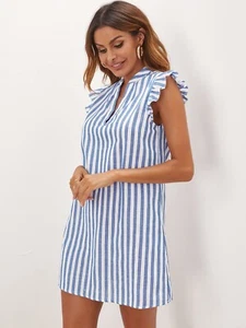 Vestido recto a rayas azules y blancas SHEIN para damas, mangas con volantes, ¡talla mediana! - Imagen 1 de 4