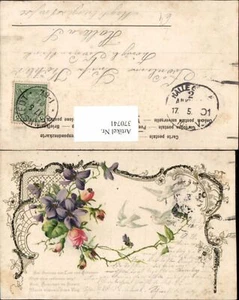 370741,Glitzer Litho AK Spruch Text Tauben Blumen Veilchen Rosen - Picture 1 of 1