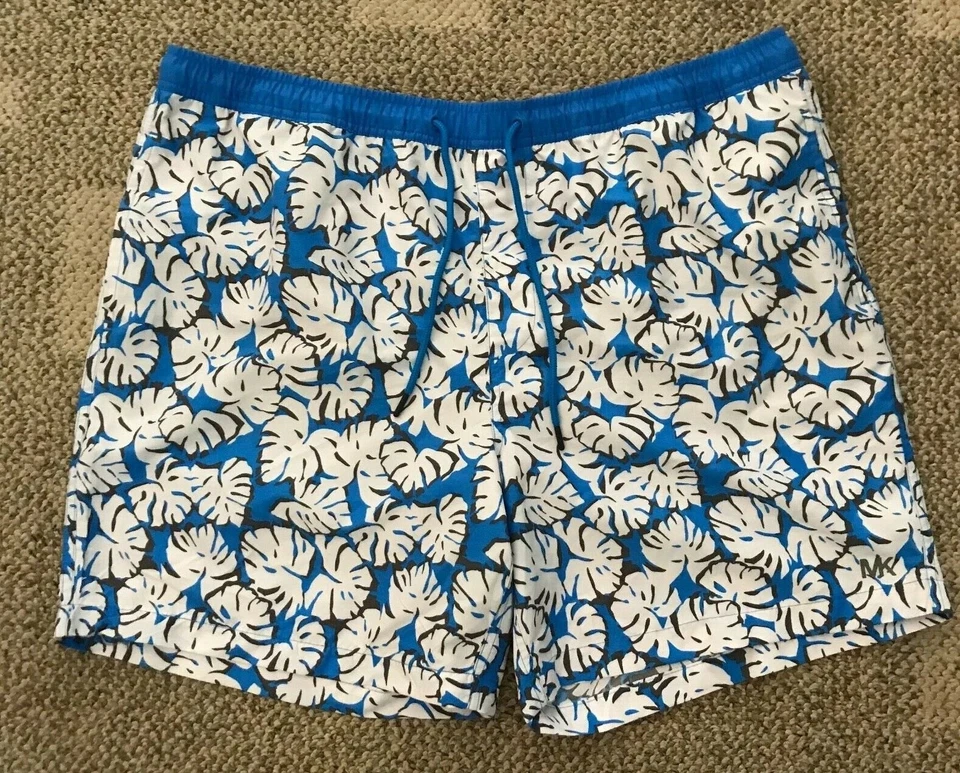 Pantalones cortos de surf Michael Kors para hombre con estampado de hojas azules talla L Foto 1 de 4