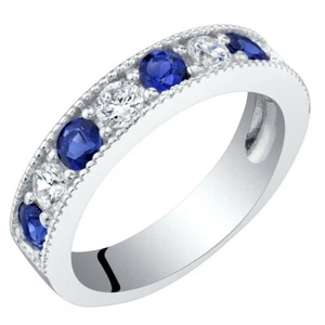 Sterling Silver Lab-Created Blue Sapphire Milgrain Half Eternity Ring Band - Picture 1 of 3