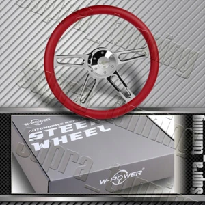 W-Power 457MM 18" Steering Wheel + Horn Red Leather Grip 5-Hole Chrome 4-Spoke - Picture 1 of 6