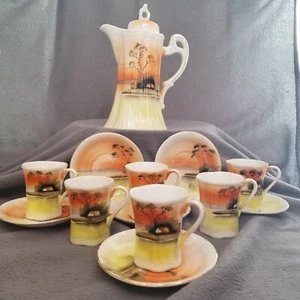 Olla de chocolate Hotta Yu vintage con tapa 6 tazas 6 platillos 14 piezas pintada a mano - Imagen 1 de 9