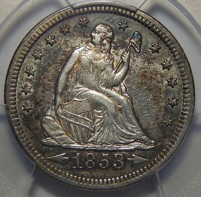 1853 PCGS AU50 ARROWS AND RAYS SEATED LIBERTY QUARTER - Image 1 of 4