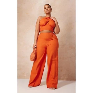 NWT Pretty Little Thing Linen Blend Rust Orange Wide Leg Pants Plus Size 18 - Picture 1 of 9