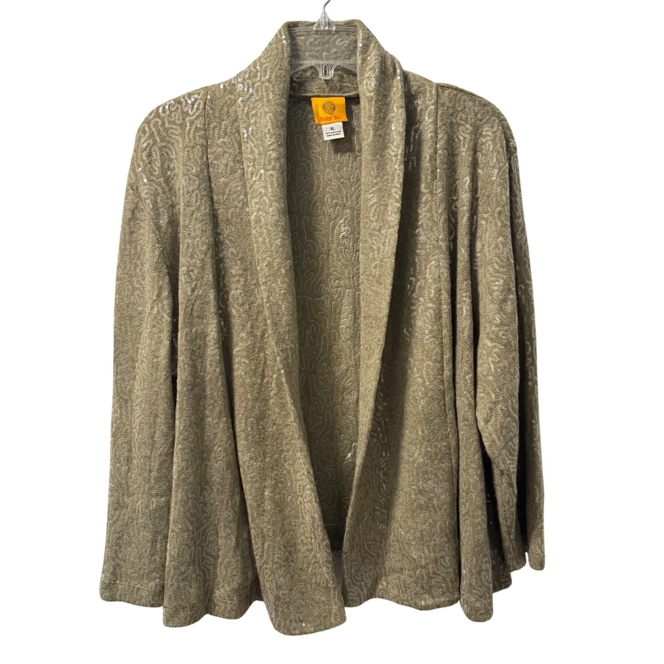 Ruby Rd. Womens Cardigan Sz XL Beige Textured Open-Front Jacket With Sequins - Image 1 of 4