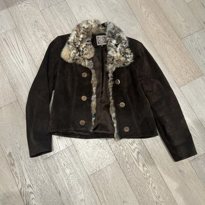 Chaqueta de cuero marrón mediano Double D Ranch para mujer cuello de piel  Foto 1 de 4