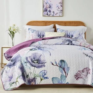 Full Queen Size Quilt Set,Elegant Floral Botanical Pattern Purple Bedding Set... - Picture 1 of 6