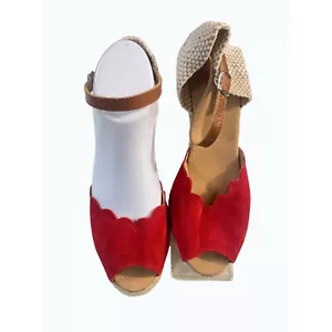 Paseart Red Suede Jute wedge Shoes Sandals 38 US 8 - Picture 1 of 7