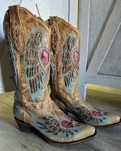 Corral Vintage Western Heart Angel Wings Womens Cowboy Boots 7 Handcrafted - Picture 1 of 10