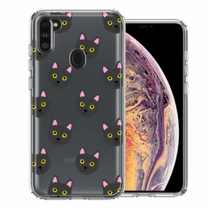 For Samsung Galaxy A11 Black Cat Polkadots Double Layer Phone Case Cover - Picture 1 of 1