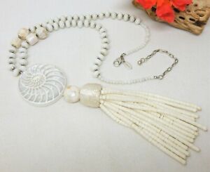 CHICO'S WHITE RESIN AMMONITE PENDANT NECKLACE WITH BEADED TASSELS 