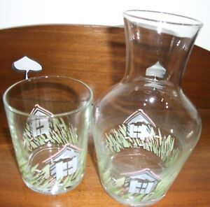 GLASS BEDSIDE DECORATED WATER CARAFE /DECANTER WITH MATCHING GLASS TUMBLER