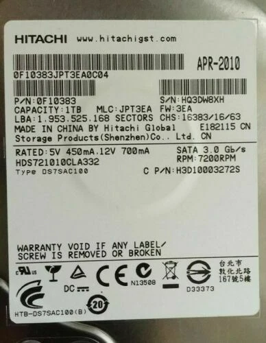 HITACHI 0F10383 1TB 3Gbps 7200RPM 3.5" SATA LFF Hard Disk Drive HDS721010CLA332 - Image 1 of 1