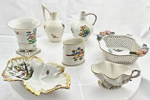 SEVEN HEREND HUNGARY HAND PAINTED FLORAL PORCELAIN LEAF TRINKET DISH VASE EXC/VG - Picture 1 of 31