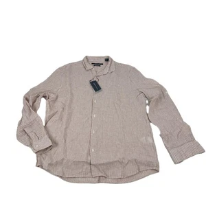 Perry Ellis Stripe Linen Roll-Sleeve Woven Button Down Shirt Copper Brown-Large - Picture 1 of 8