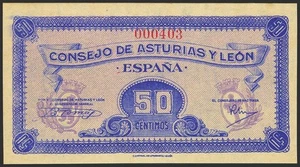 50 Céntimos. 1937. Asturias y León. Sin serie y numeración baja (Nº000403). (Ed - Imagen 1 de 2