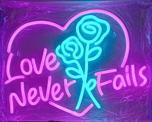 Insegna Neon Nuova LOVE NEVER FAILS Rose Rosa Blu 16"x 12" con Gancio, Cavo Accensione - Foto 1 di 2